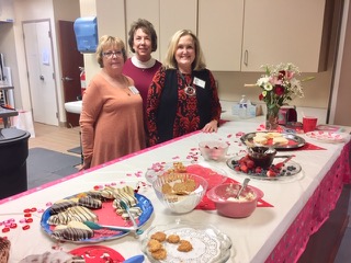 Hostesses for February HBBC Meeting Left to Right: Judy Brock, Peggy Schiavone, Ann Landis, not pictured (Carol Gardner)